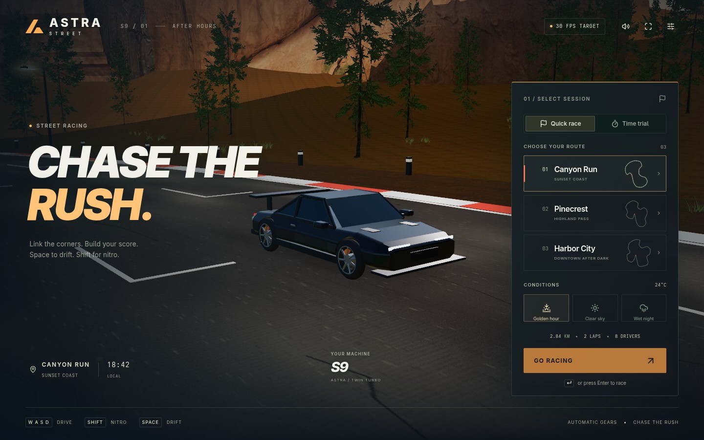 Astra Street’s opening screen with a sports car on Canyon Run and route and weather selection controls.