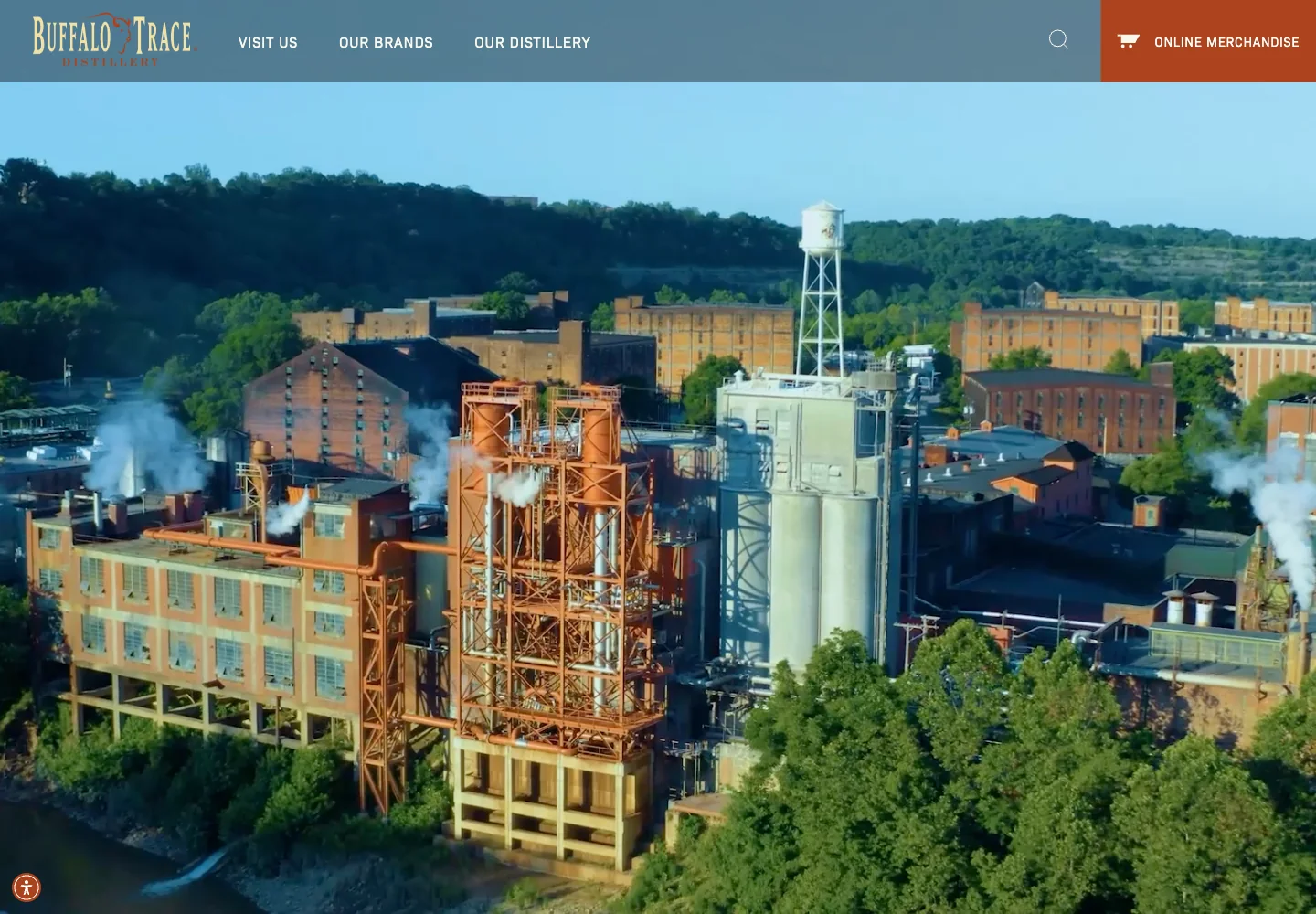 Buffalo Trace Distillery homepage with an aerial view of the distillery.