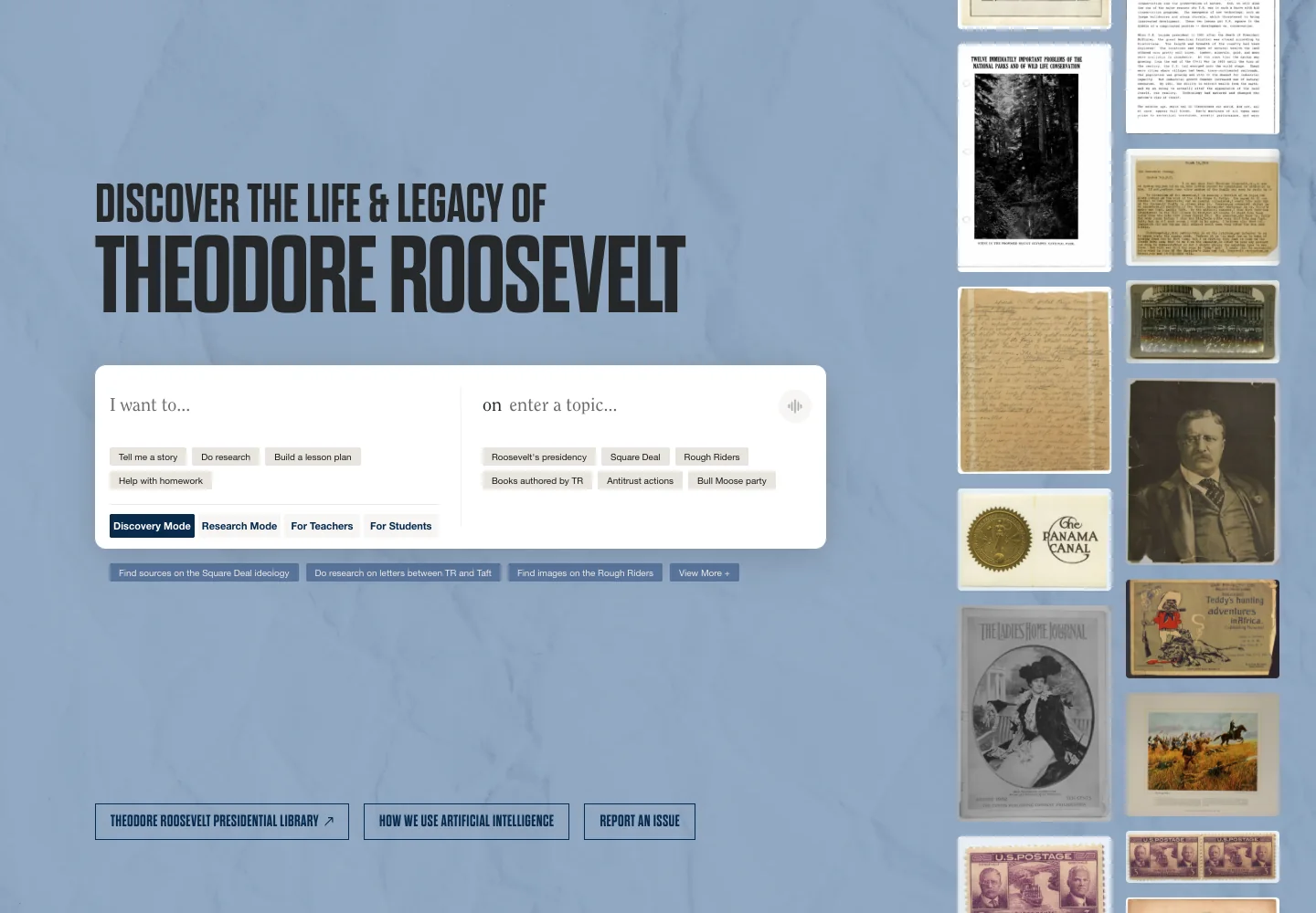 Campfire’s blue homepage, with a Theodore Roosevelt research interface and a gallery of historical artifacts.
