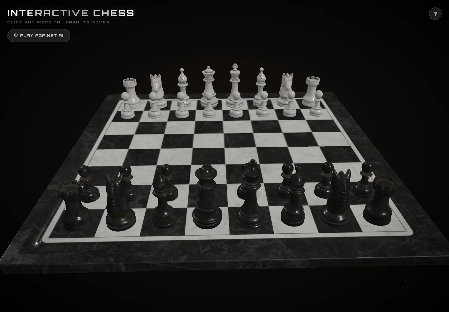 Chess AI Demo showing its interactive 3D chessboard and Play Against AI control.