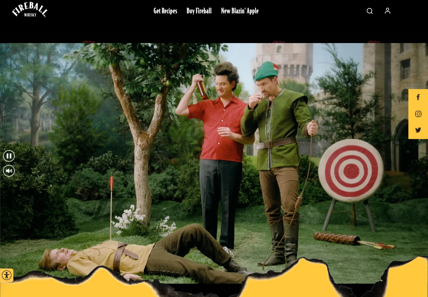 Fireball Whisky homepage with its black navigation and a scene from its promotional video.