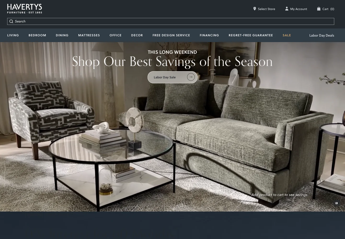 Havertys homepage showing its furniture collection and seasonal promotion.