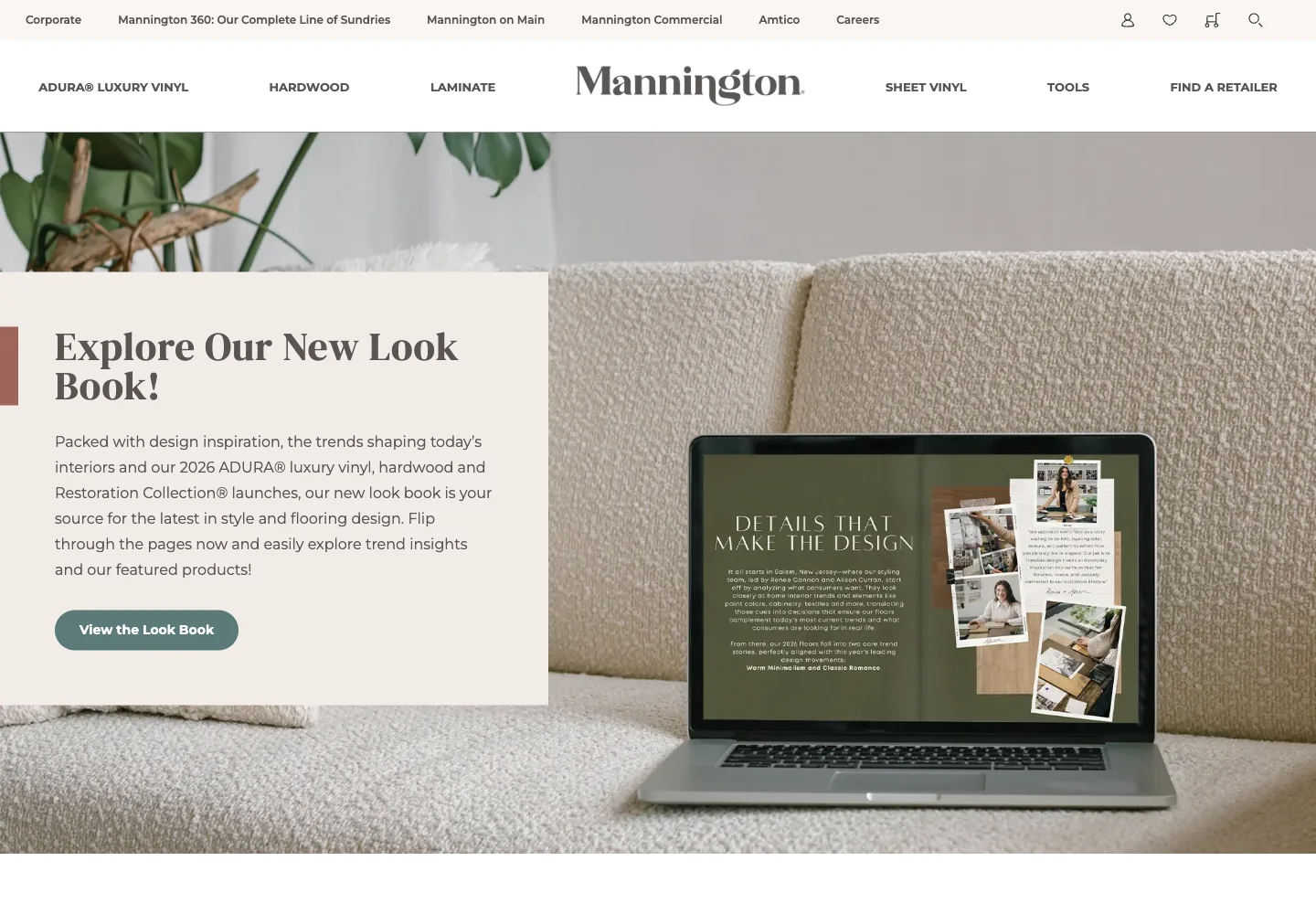 Mannington homepage with flooring navigation and its design look book.