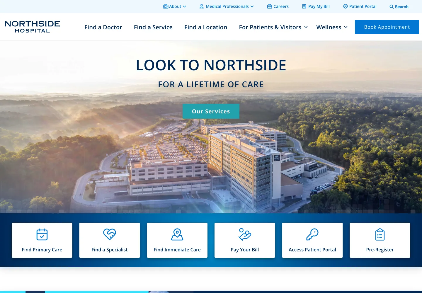 Northside Hospital homepage showing its campus and public information navigation.