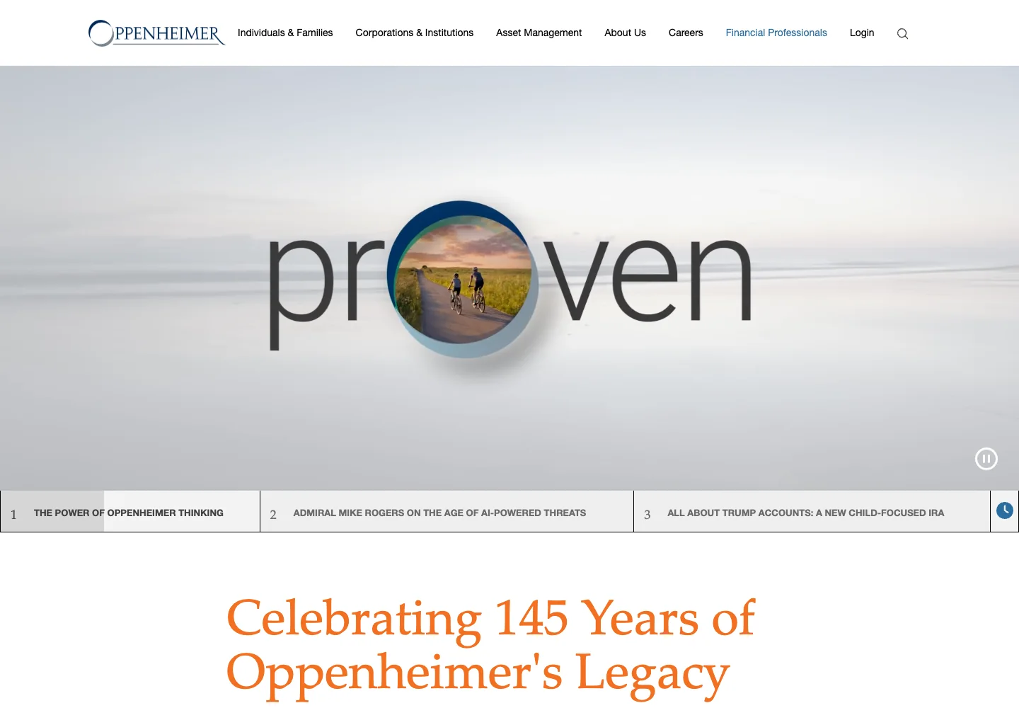 Oppenheimer homepage featuring its brand campaign and financial services navigation.