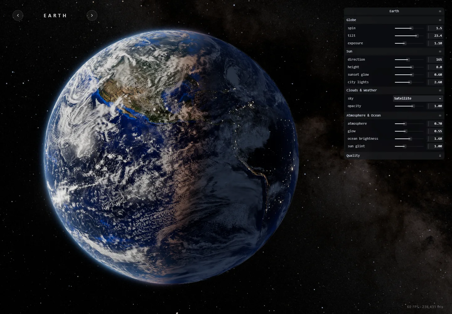 Planet Viewer showing a photoreal Earth lit from the left, with city lights on the night side and a control panel for lighting, clouds, and weather.