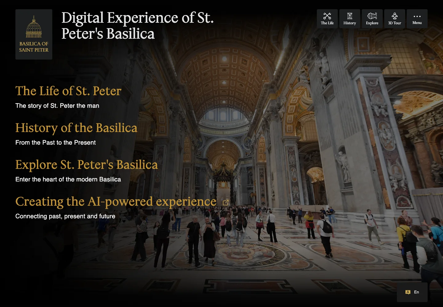 St. Peter’s Basilica digital experience, showing its ornate interior and gold navigation titles.