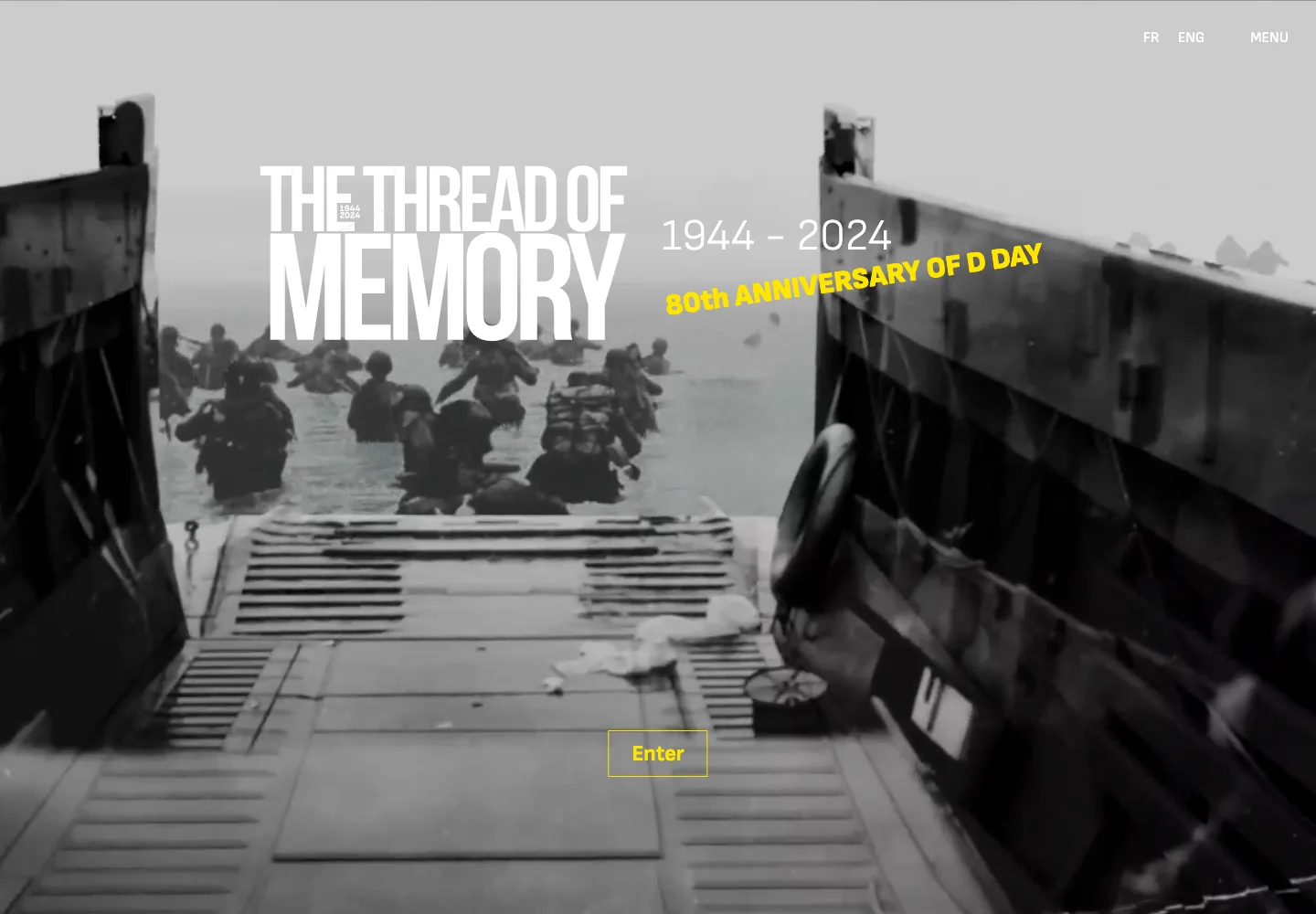 The Thread of Memory homepage, with D-Day landing footage and the project’s white and yellow title.